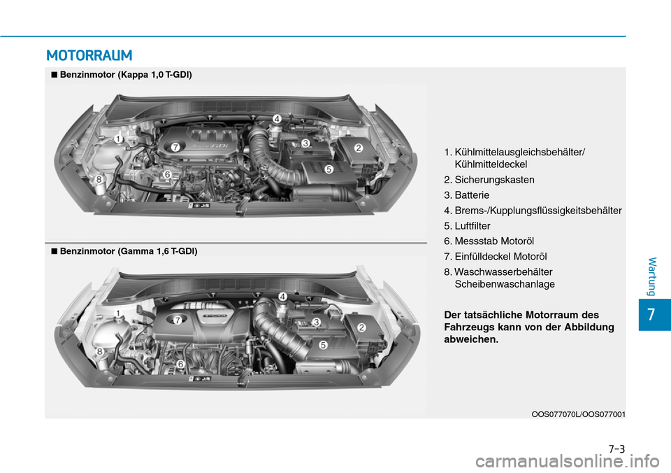 Hyundai Kona 2018 Betriebsanleitung (in German) 7-3
7
Wartung
MOTORRAUM
OOS077070L/OOS077001
1. K Hyundai Kona 2018 Betriebsanleitung (in German) 7-3
7
Wartung
MOTORRAUM
OOS077070L/OOS077001
1. K