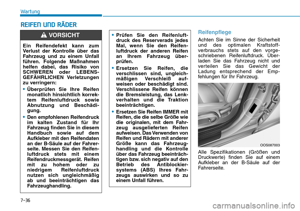 Hyundai Kona 2018 Betriebsanleitung (in German) 7-36
Wartung
REIFEN UND RÄDER
Reifenpflege
Achten Sie im Sinne der Sicherheit
und des optimalen Kraftstoff-
verbrauchs stets auf den vorge-
schriebenen Reifenluftdruck. Über-
laden Sie das Fahrzeug Hyundai Kona 2018 Betriebsanleitung (in German) 7-36
Wartung
REIFEN UND RÄDER
Reifenpflege
Achten Sie im Sinne der Sicherheit
und des optimalen Kraftstoff-
verbrauchs stets auf den vorge-
schriebenen Reifenluftdruck. Über-
laden Sie das Fahrzeug