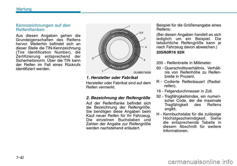 Hyundai Kona 2018 Betriebsanleitung (in German) 7-42
Wartung
Kennzeichnungen auf den
Reifenflanken
Aus diesen Angaben gehen die
Grundeigenschaften des Reifens
hervor. Weiterhin befindet sich an
dieser Stelle die TIN-Kennzeichnung(Tire Identificat Hyundai Kona 2018 Betriebsanleitung (in German) 7-42
Wartung
Kennzeichnungen auf den
Reifenflanken
Aus diesen Angaben gehen die
Grundeigenschaften des Reifens
hervor. Weiterhin befindet sich an
dieser Stelle die TIN-Kennzeichnung(Tire Identificat