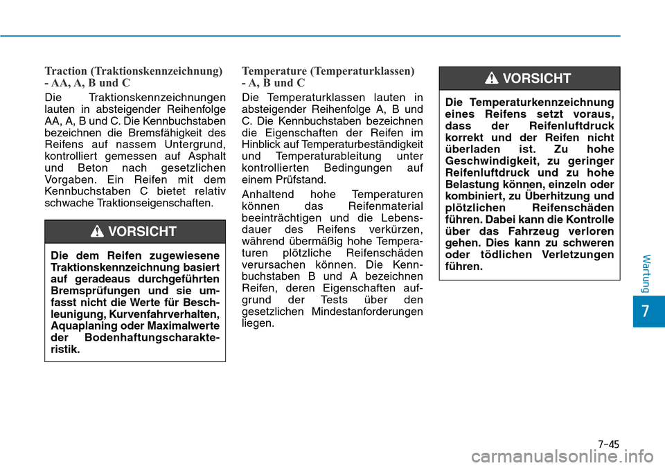 Hyundai Kona 2018 Betriebsanleitung (in German) 7-45
7
Wartung
Traction (Traktionskennzeichnung)
- AA, A, B und C
Die Traktionskennzeichnungen
lauten in absteigender Reihenfolge
AA, A, B und C. Die Kennbuchstaben
bezeichnen die Bremsf Hyundai Kona 2018 Betriebsanleitung (in German) 7-45
7
Wartung
Traction (Traktionskennzeichnung)
- AA, A, B und C
Die Traktionskennzeichnungen
lauten in absteigender Reihenfolge
AA, A, B und C. Die Kennbuchstaben
bezeichnen die Bremsf