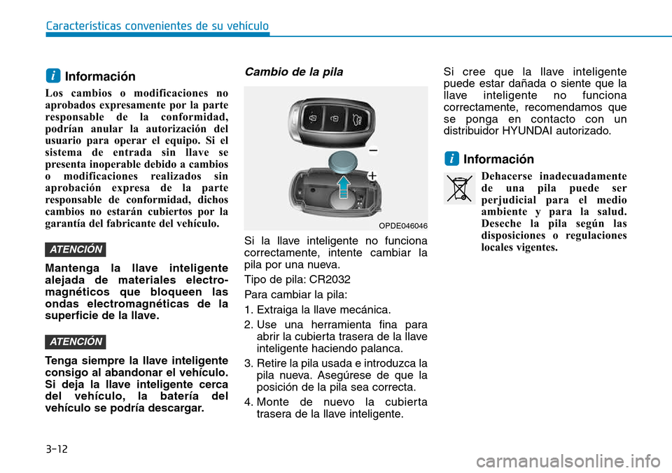 Hyundai Kona 2018  Manual del propietario (in Spanish) 3-12Informaci