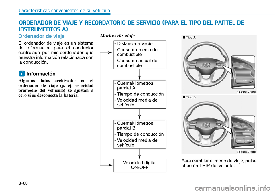 Hyundai Kona 2018  Manual del propietario (in Spanish) 3-88
Ordenador de viaje
El ordenador de viaje es un sistema 
de información para el conductorcontrolado por microordenador que
muestra información relacionada conla conducción.Informaci
