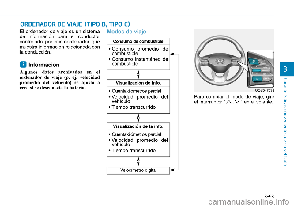 Hyundai Kona 2018  Manual del propietario (in Spanish) 3-93
Características convenientes de su vehículo
3
El ordenador de viaje es un sistema 
de información para el conductorcontrolado por microordenador que
muestra información relacionada conla cond