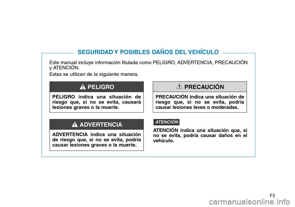 Hyundai Kona 2018  Manual del propietario (in Spanish) F3
Este manual incluye información titulada como PELIGRO, ADVERTENCIA, PRECAUCIÓN 
y ATENCIÓN. 
Estas se utilizan de la siguiente manera.
SEGURIDAD Y POSIBLES DAÑOS DEL VEHÍCULO
PELIGRO indica un