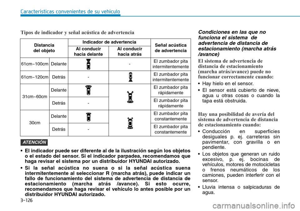Hyundai Kona 2018  Manual del propietario (in Spanish) 3-126
Características convenientes de su vehículo
Condiciones en las que nofunciona el sistema  deadvertencia de distancia de estacionamiento (marcha atr
