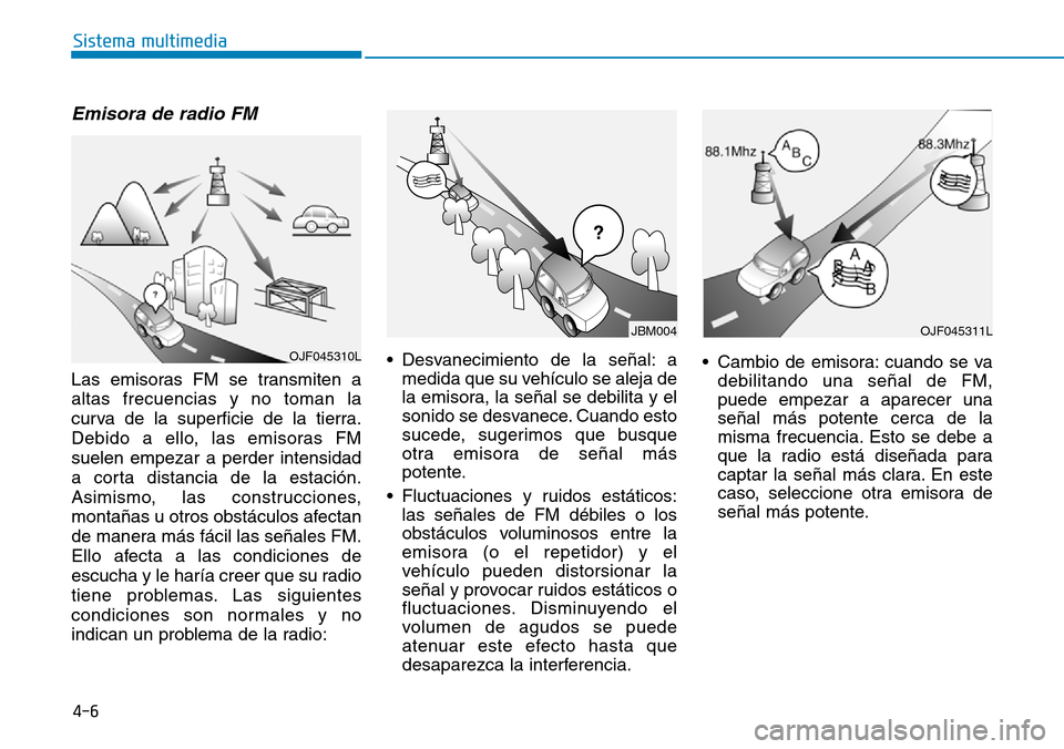 Hyundai Kona 2018  Manual del propietario (in Spanish) 4-6
Sistema multimedia
Emisora de radio FM
Las emisoras FM se transmiten a altas frecuencias y no toman la
curva de la superficie de la tierra.
Debido a ello, las emisoras FMsuelen empezar a perder in