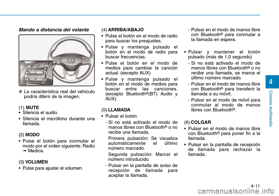 Hyundai Kona 2018 Manual del propietario (in Spanish) 4-11
Sistema multimedia
4
Mando a distancia del volante
❈La característica real del vehículo
podría diferir de la imagen.
(1) MUTE
• Silencia el audio.
• Silencia el micrófono durante una Hyundai Kona 2018 Manual del propietario (in Spanish) 4-11
Sistema multimedia
4
Mando a distancia del volante
❈La característica real del vehículo
podría diferir de la imagen.
(1) MUTE
• Silencia el audio.
• Silencia el micrófono durante una