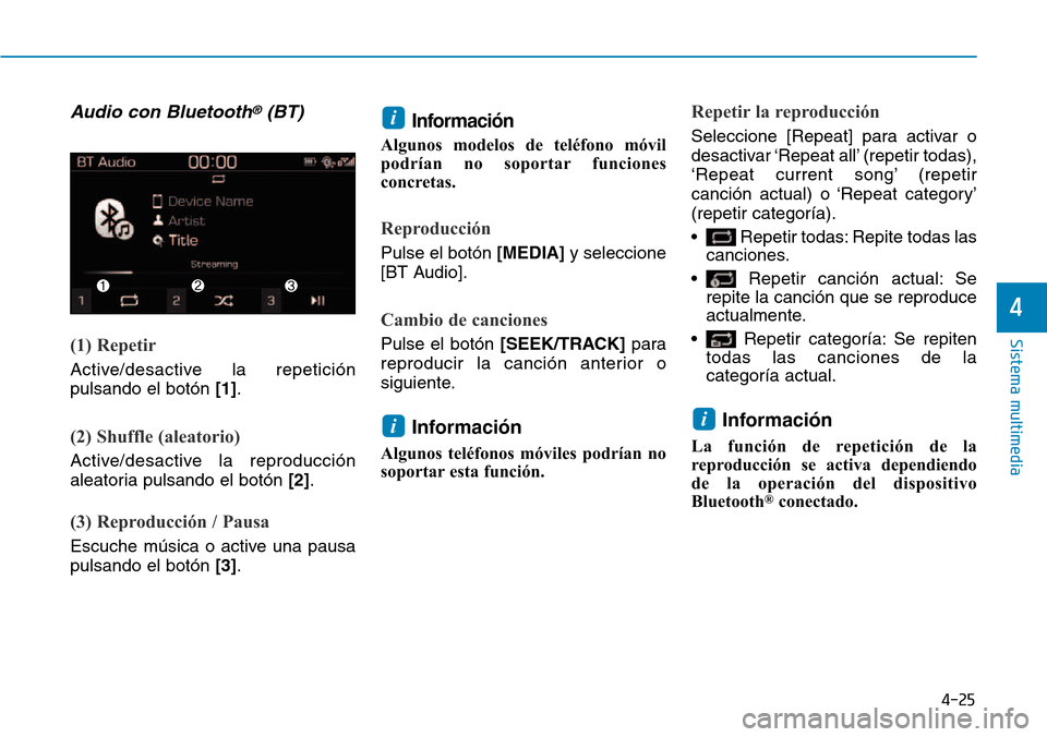 Hyundai Kona 2018  Manual del propietario (in Spanish) 4-25
Sistema multimedia
4
Audio con Bluetooth®(BT) 
(1) Repetir
Active/desactive la repetición pulsando el botón [1].
(2) Shuffle (aleatorio)
Active/desactive la reproducción 
aleatoria pulsando e