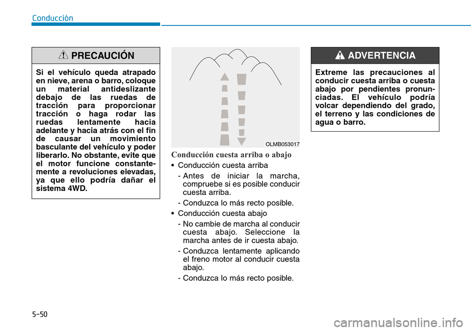 Hyundai Kona 2018  Manual del propietario (in Spanish) 5-50
Conducción
Extreme las precauciones al conducir cuesta arriba o cuesta
abajo por pendientes pronun-
ciadas. El vehículo podría
volcar dependiendo del grado,el terreno y las condiciones de
agua