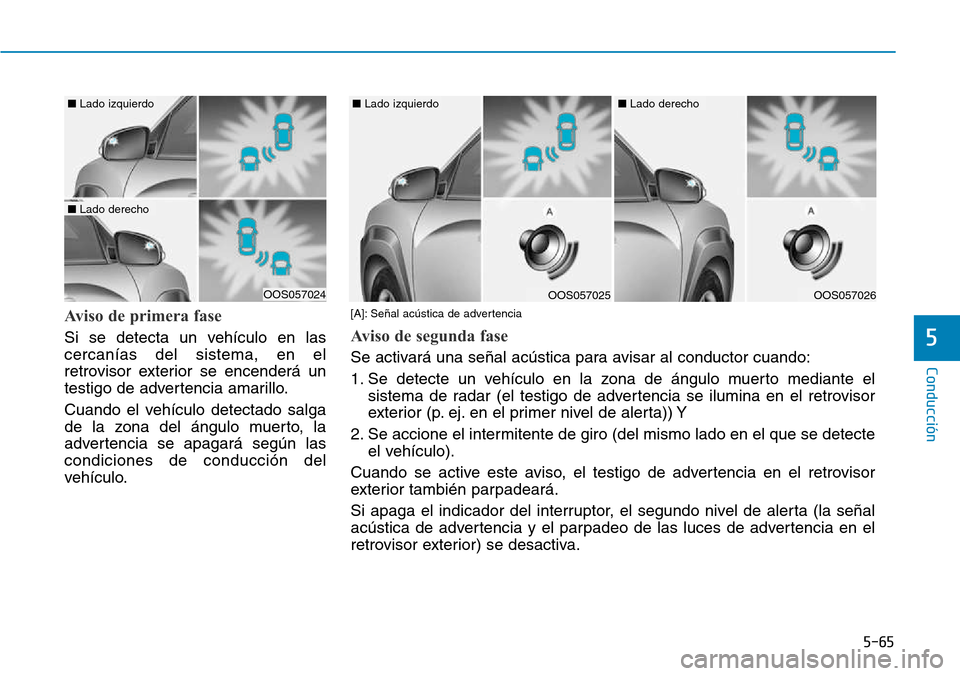 Hyundai Kona 2018  Manual del propietario (in Spanish) 5-65
Conducción
5
Aviso de primera fase 
Si se detecta un vehículo en las cercanías del sistema, en el
retrovisor exterior se encenderá un
testigo de advertencia amarillo. 
Cuando el vehículo det