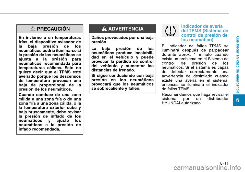 Hyundai Kona 2018  Manual del propietario (in Spanish) 6-11
Qué hacer en caso de emergencia
Indicador de avería 
del TPMS (Sistema de
control de presi