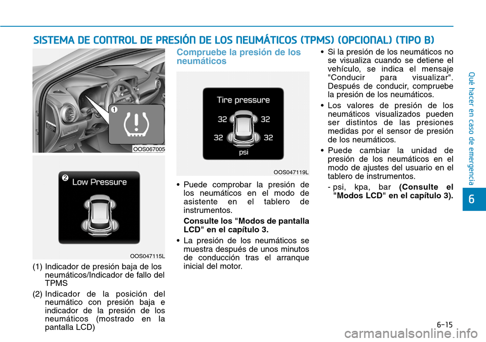 Hyundai Kona 2018  Manual del propietario (in Spanish) 6-15
Qué hacer en caso de emergencia
6
(1) Indicador de presión baja de losneumáticos/Indicador de fallo del TPMS
(2)  Indicador de la posición delneumático con presión baja eindicador de la pre