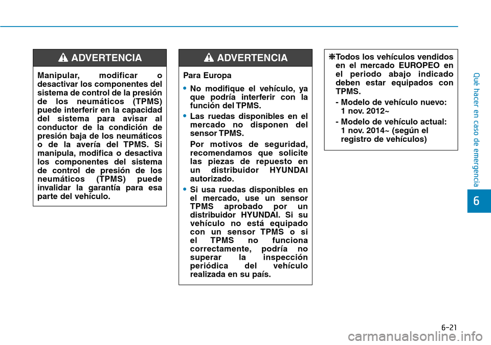 Hyundai Kona 2018  Manual del propietario (in Spanish) 6-21
Qué hacer en caso de emergencia
6
Para Europa
•No modifique el vehículo, ya 
que podría interferir con la
funci