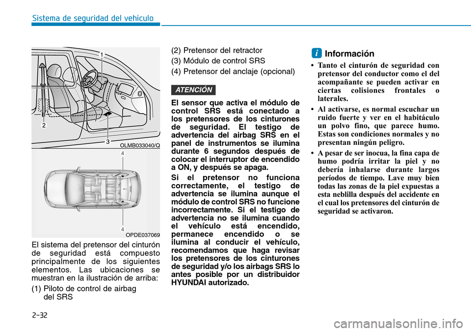 Hyundai Kona 2018  Manual del propietario (in Spanish) El sistema del pretensor del cinturón 
de seguridad está compuesto
principalmente de los siguientes
elementos. Las ubicaciones se
muestran en la ilustración de arriba: (1) Piloto de control de airb