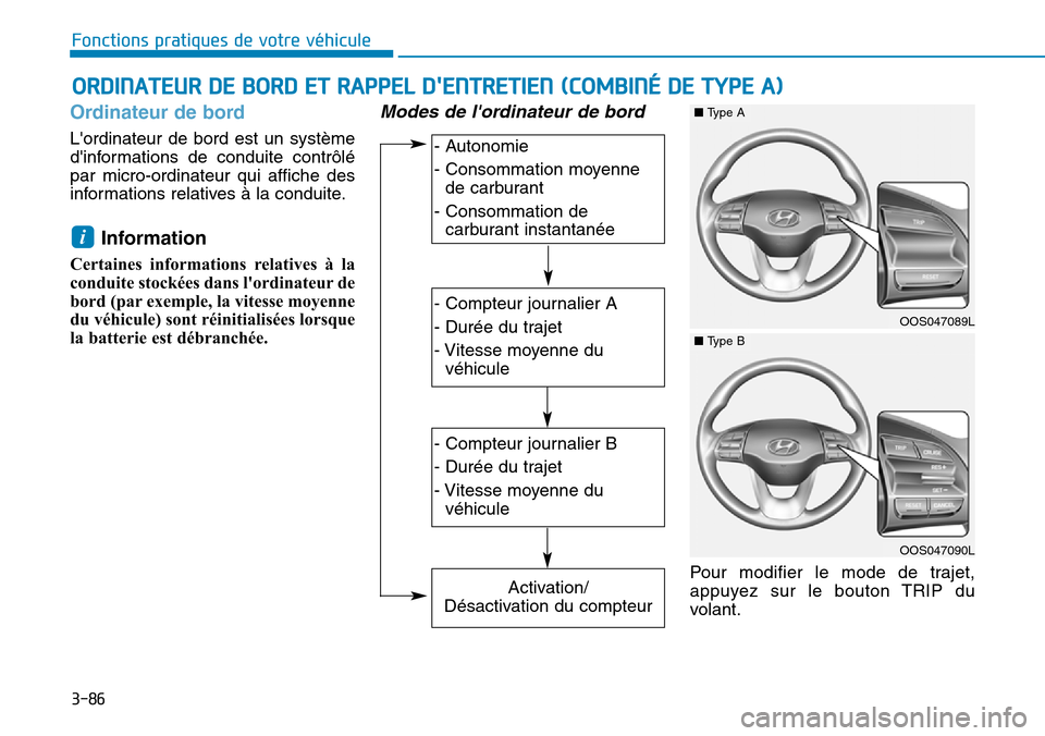 Hyundai Kona 2018  Manuel du propriétaire (in French) 3-86
Fonctions pratiques de votre véhicule 
Ordinateur de bord
Lordinateur de bord est un système 
dinformations de conduite contrôlépar micro-ordinateur qui affiche des
informations relatives 