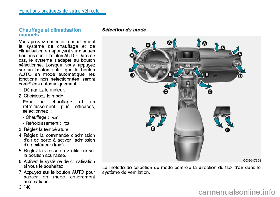 Hyundai Kona 2018  Manuel du propriétaire (in French) 3-140
Fonctions pratiques de votre véhicule
Chauffage et climatisation 
manuels 
Vous pouvez contrôler manuellement 
le système de chauffage et de
climatisation en appuyant sur d’autres
boutons q