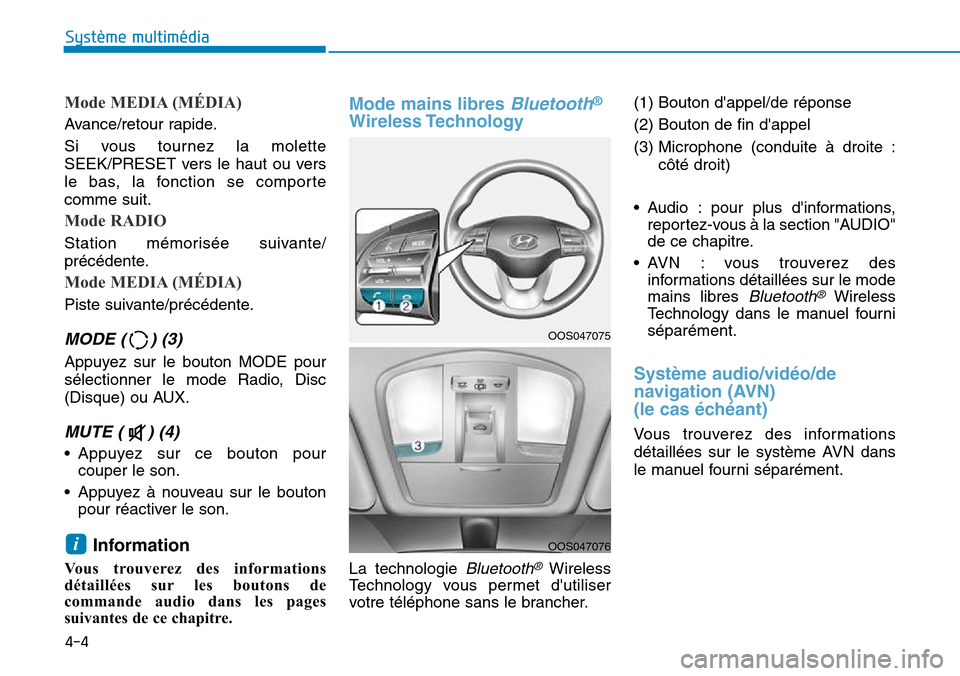 Hyundai Kona 2018  Manuel du propriétaire (in French) 4-4
Système multimédia 
Mode MEDIA (MÉDIA)
Avance/retour rapide. 
Si vous tournez la molette 
SEEK/PRESET vers le haut ou vers
le bas, la fonction se comportecomme suit.
Mode RADIO
Station mémoris