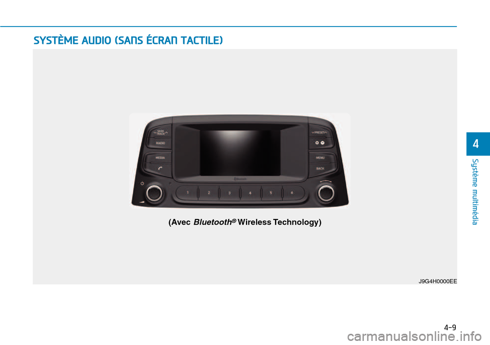 Hyundai Kona 2018 Manuel du propriétaire (in French) 4-9
Système multimédia
4
J9G4H0000EE
(Avec
Bluetooth®Wireless Technology)
SYSTÈME AUDIO (SANS ÉCRAN TACTILE) Hyundai Kona 2018 Manuel du propriétaire (in French) 4-9
Système multimédia
4
J9G4H0000EE
(Avec
Bluetooth®Wireless Technology)
SYSTÈME AUDIO (SANS ÉCRAN TACTILE)