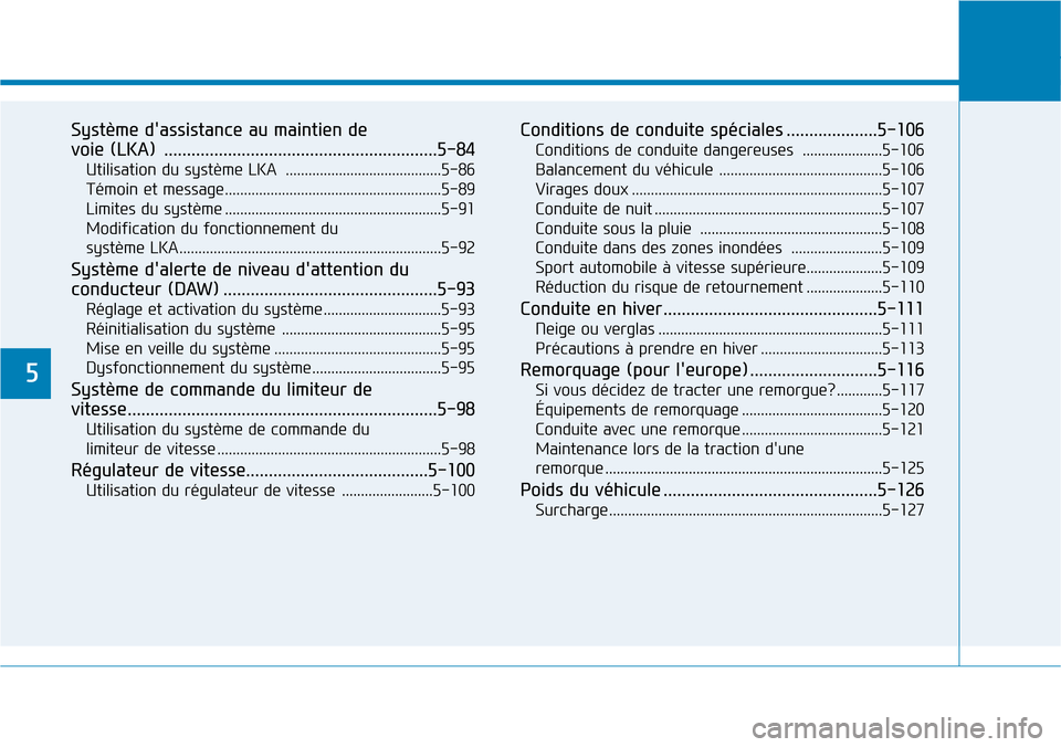 Hyundai Kona 2018  Manuel du propriétaire (in French) 5
Système dassistance au maintien de  
voie (LKA) ............................................................5-84Utilisation du système LKA  .........................................5-86 
Témoin 