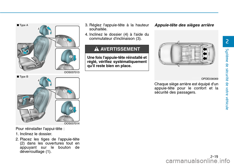 Hyundai Kona 2018 Manuel du propriétaire (in French) 2-19
Système de sécurité de votre véhicule
2
Pour réinstaller lappui-t Hyundai Kona 2018 Manuel du propriétaire (in French) 2-19
Système de sécurité de votre véhicule
2
Pour réinstaller lappui-t
