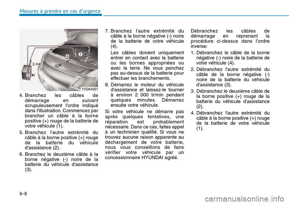 Hyundai Kona 2018 Manuel du propriétaire (in French) 6-8
Mesures à prendre en cas durgence
4. Branchez les câbles dedémarrage en suivant
scrupuleusement lordre indiqué
dans lillustration. Commencez par
brancher un câble Hyundai Kona 2018 Manuel du propriétaire (in French) 6-8
Mesures à prendre en cas durgence
4. Branchez les câbles dedémarrage en suivant
scrupuleusement lordre indiqué
dans lillustration. Commencez par
brancher un câble