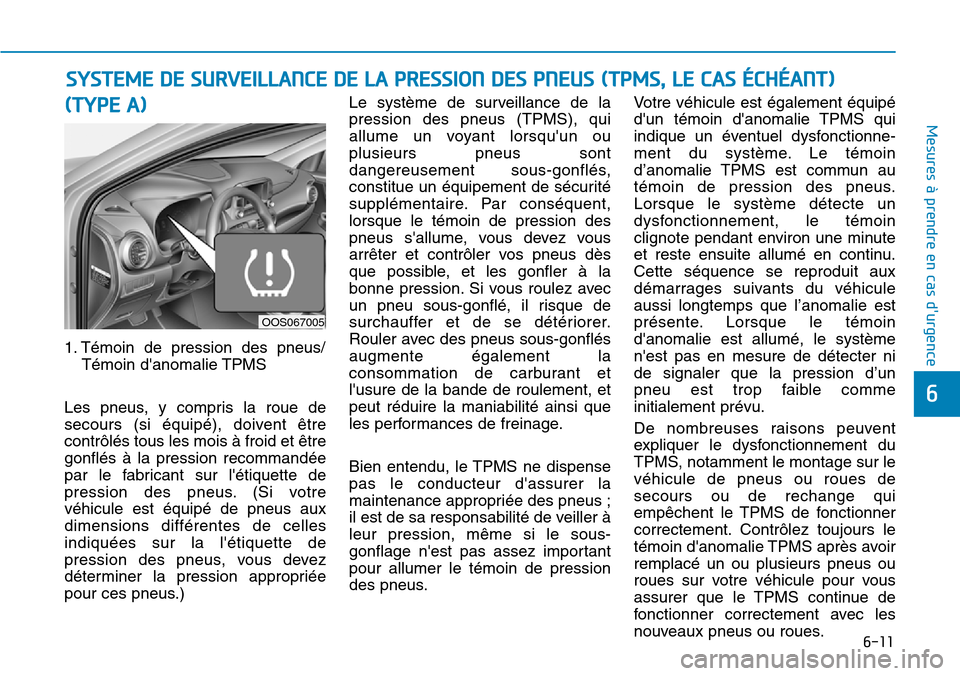 Hyundai Kona 2018 Manuel du propriétaire (in French) 6-11
Mesures à prendre en cas durgence (TYPE A)
1. Témoin de pression des pneus/Témoin danomalie TPMS
Les pneus, y compris la roue de
secours (si équipé), doivent Hyundai Kona 2018 Manuel du propriétaire (in French) 6-11
Mesures à prendre en cas durgence (TYPE A)
1. Témoin de pression des pneus/Témoin danomalie TPMS
Les pneus, y compris la roue de
secours (si équipé), doivent
