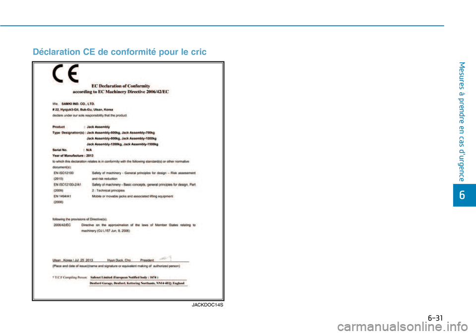 Hyundai Kona 2018 Manuel du propriétaire (in French) 6-31
Mesures à prendre en cas durgence
6
D Hyundai Kona 2018 Manuel du propriétaire (in French) 6-31
Mesures à prendre en cas durgence
6
D