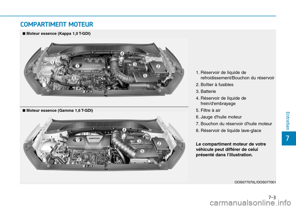 Hyundai Kona 2018 Manuel du propriétaire (in French) 7-3
7
Entretien
COMPARTIMENT MOTEUR
1. Réservoir de liquide derefroidissement/Bouchon du réservoir
2. Boîtier Hyundai Kona 2018 Manuel du propriétaire (in French) 7-3
7
Entretien
COMPARTIMENT MOTEUR
1. Réservoir de liquide derefroidissement/Bouchon du réservoir
2. Boîtier