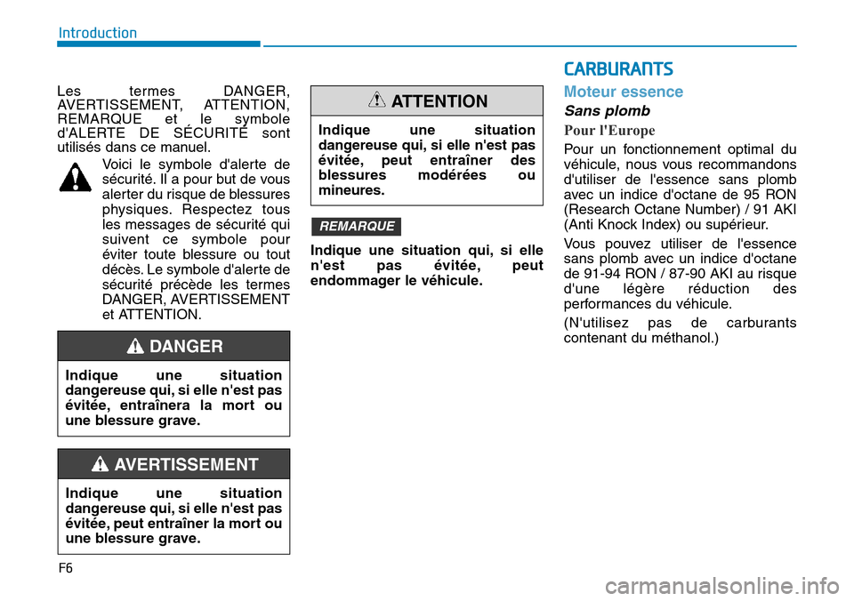 Hyundai Kona 2018  Manuel du propriétaire (in French) F6
Introduction
Les termes DANGER, 
AVERTISSEMENT, ATTENTION,
REMARQUE et le symbole
dALERTE DE SÉCURITÉ sont
utilisés dans ce manuel.Voici le symbole dalerte desécurité. Il a pour but de vous 