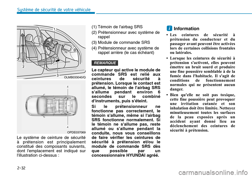 Hyundai Kona 2018 Manuel du propriétaire (in French) 2-32
Système de sécurité de votre véhicule
Le système de ceinture de sécurité
Hyundai Kona 2018 Manuel du propriétaire (in French) 2-32
Système de sécurité de votre véhicule
Le système de ceinture de sécurité