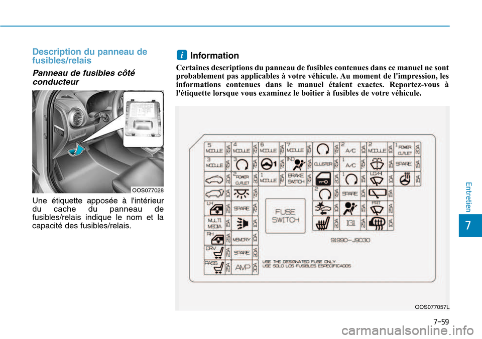 Hyundai Kona 2018 Manuel du propriétaire (in French) 7-59
7
Entretien
Description du panneau de
fusibles/relais
Panneau de fusibles côt Hyundai Kona 2018 Manuel du propriétaire (in French) 7-59
7
Entretien
Description du panneau de
fusibles/relais
Panneau de fusibles côt