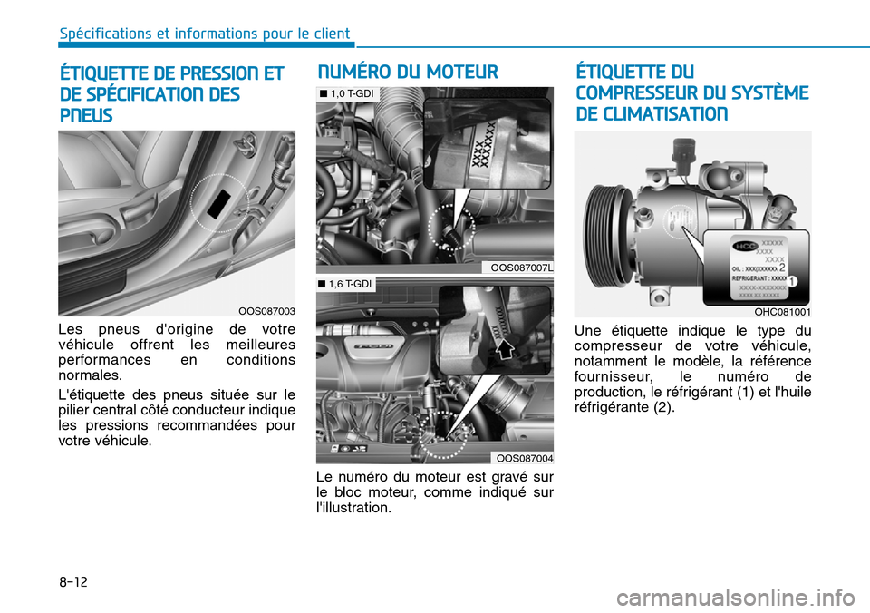 Hyundai Kona 2018  Manuel du propriétaire (in French) 8-12
Spécifications et informations pour le client
Les pneus dorigine de votre véhicule offrent les meilleures
performances en conditions
normales. Létiquette des pneus située sur le 
pilier cen