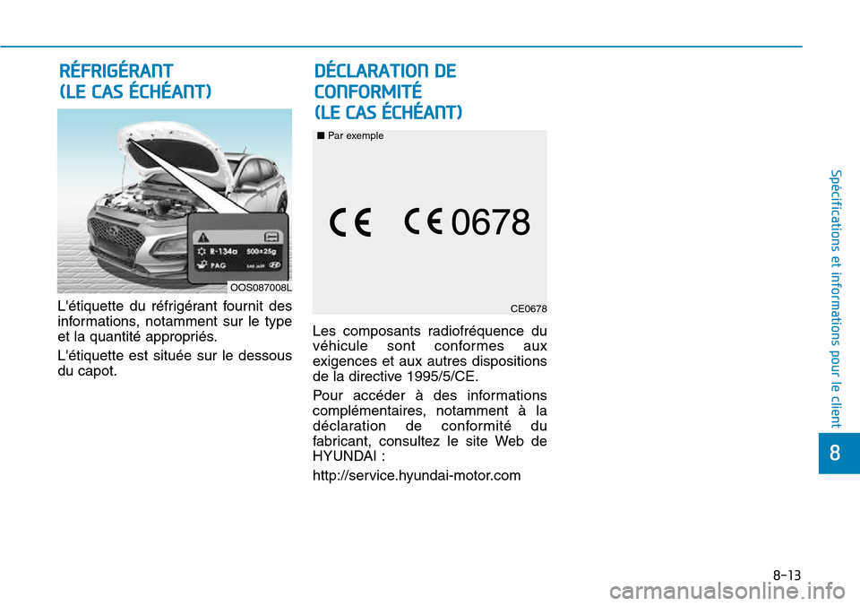 Hyundai Kona 2018  Manuel du propriétaire (in French) 8-13
8
Spécifications et informations pour le client
Létiquette du réfrigérant fournit des 
informations, notamment sur le type
et la quantité appropriés. Létiquette est située sur le dessou