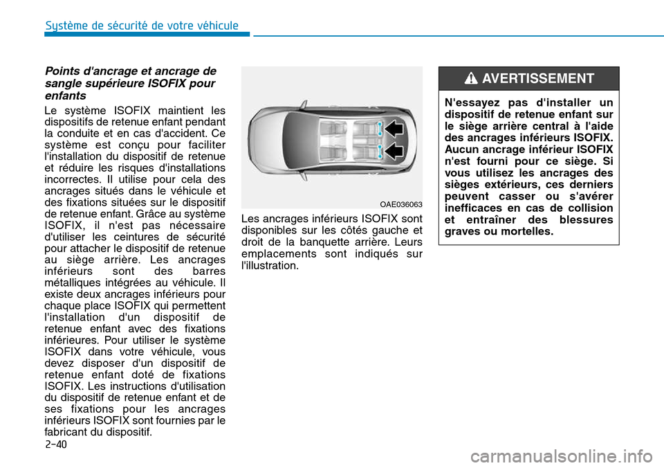 Hyundai Kona 2018 Manuel du propriétaire (in French) 2-40
Système de sécurité de votre véhicule
Points dancrage et ancrage desangle sup Hyundai Kona 2018 Manuel du propriétaire (in French) 2-40
Système de sécurité de votre véhicule
Points dancrage et ancrage desangle sup