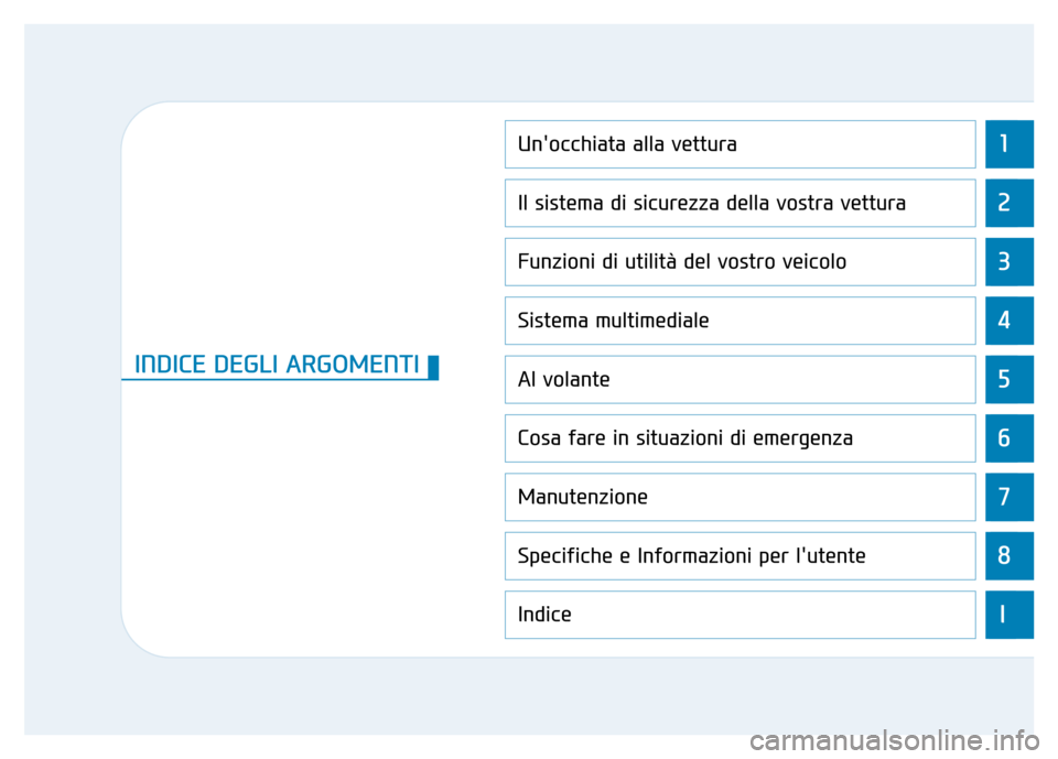 Hyundai Kona 2018 Manuale del proprietario (in Italian) 1
2
3
4
5
6
7
8
I
Unocchiata alla vettura
Il sistema di sicurezza della vostra vettura
Funzioni di utilità del vostro veicolo
Sistema multimediale
Al volante
Cosa fare in situazioni di emergenza
Man Hyundai Kona 2018 Manuale del proprietario (in Italian) 1
2
3
4
5
6
7
8
I
Unocchiata alla vettura
Il sistema di sicurezza della vostra vettura
Funzioni di utilità del vostro veicolo
Sistema multimediale
Al volante
Cosa fare in situazioni di emergenza
Man