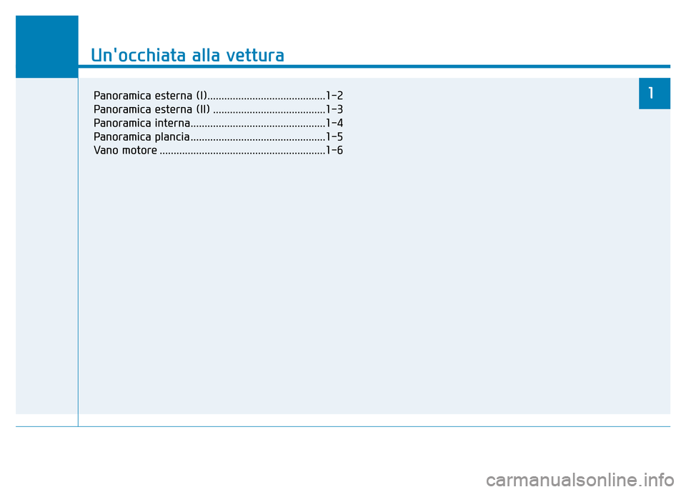 Hyundai Kona 2018 Manuale del proprietario (in Italian) Unocchiata alla vettura
1
Unocchiata alla vettura
1Panoramica esterna (I)..........................................1-2
Panoramica esterna (II) ........................................1-3
Panoramica Hyundai Kona 2018 Manuale del proprietario (in Italian) Unocchiata alla vettura
1
Unocchiata alla vettura
1Panoramica esterna (I)..........................................1-2
Panoramica esterna (II) ........................................1-3
Panoramica
