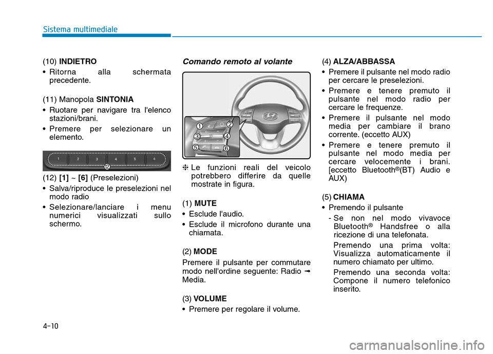 Hyundai Kona 2018 Manuale del proprietario (in Italian) 4-10
Sistema multimediale
(10) INDIETRO
• Ritorna alla schermata precedente.
(11) Manopola SINTONIA
• Ruotare per navigare tra lelenco stazioni/brani.
• Premere per selezionare un elemento.
(1 Hyundai Kona 2018 Manuale del proprietario (in Italian) 4-10
Sistema multimediale
(10) INDIETRO
• Ritorna alla schermata precedente.
(11) Manopola SINTONIA
• Ruotare per navigare tra lelenco stazioni/brani.
• Premere per selezionare un elemento.
(1