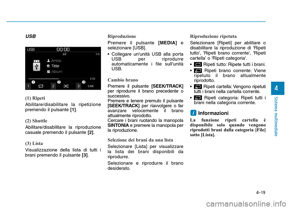Hyundai Kona 2018  Manuale del proprietario (in Italian) 4-19
Sistema multimediale
4
USB
(1) Ripeti
Abilitare/disabilitare la ripetizione premendo il pulsante [1].
(2) Shuttle
Abilitare/disabilitare la riproduzione casuale premendo il pulsante  [2].
(3) Lis