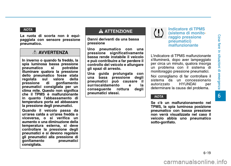 Hyundai Kona 2018  Manuale del proprietario (in Italian) 6-19
Cosa fare in situazioni di emergenza
6
La ruota di scorta non è equi- 
paggiata con sensore pressionepneumatico.
Indicatore di TPMS(sistema di monito
-
raggio pressione pneumatici)
malfunzionant Hyundai Kona 2018  Manuale del proprietario (in Italian) 6-19
Cosa fare in situazioni di emergenza
6
La ruota di scorta non è equi- 
paggiata con sensore pressionepneumatico.
Indicatore di TPMS(sistema di monito
-
raggio pressione pneumatici)
malfunzionant