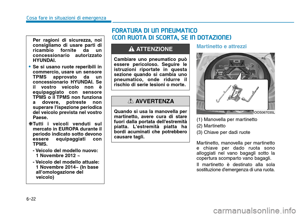 Hyundai Kona 2018  Manuale del proprietario (in Italian) 6-22
Cosa fare in situazioni di emergenza
Martinetto e attrezzi 
(1) Manovella per martinetto 
(2) Martinetto
(3) Chiave per dadi ruote 
Martinetto, manovella per martinetto 
e chiave per dado ruota s Hyundai Kona 2018  Manuale del proprietario (in Italian) 6-22
Cosa fare in situazioni di emergenza
Martinetto e attrezzi 
(1) Manovella per martinetto 
(2) Martinetto
(3) Chiave per dadi ruote 
Martinetto, manovella per martinetto 
e chiave per dado ruota s