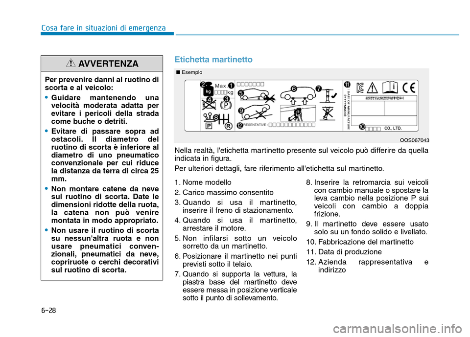 Hyundai Kona 2018  Manuale del proprietario (in Italian) 6-28
Cosa fare in situazioni di emergenza
Per prevenire danni al ruotino di 
scorta e al veicolo:
•Guidare mantenendo una velocità moderata adatta per
evitare i pericoli della strada
come buche o d Hyundai Kona 2018  Manuale del proprietario (in Italian) 6-28
Cosa fare in situazioni di emergenza
Per prevenire danni al ruotino di 
scorta e al veicolo:
•Guidare mantenendo una velocità moderata adatta per
evitare i pericoli della strada
come buche o d