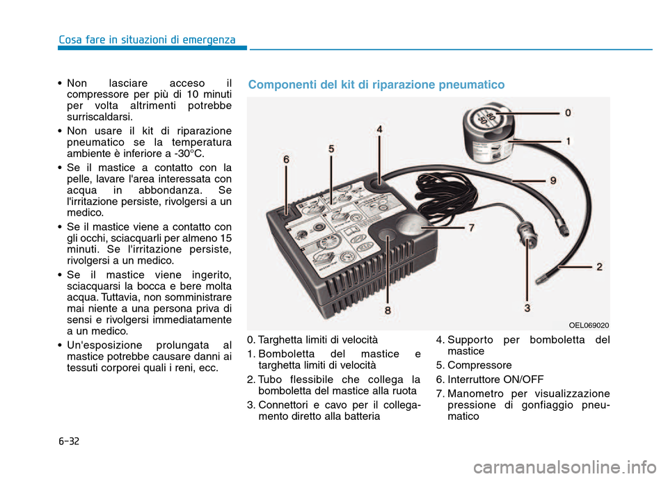 Hyundai Kona 2018  Manuale del proprietario (in Italian) 6-32
Cosa fare in situazioni di emergenza
• Non lasciare acceso ilcompressore per pi Hyundai Kona 2018  Manuale del proprietario (in Italian) 6-32
Cosa fare in situazioni di emergenza
• Non lasciare acceso ilcompressore per pi
