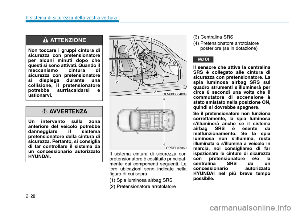 Hyundai Kona 2018  Manuale del proprietario (in Italian) 2-28
Il sistema di sicurezza della vostra vettura
Il sistema cintura di sicurezza con 
pretensionatore è costituito principal-
mente dai componenti seguenti. Leloro ubicazioni sono indicate nella
fig