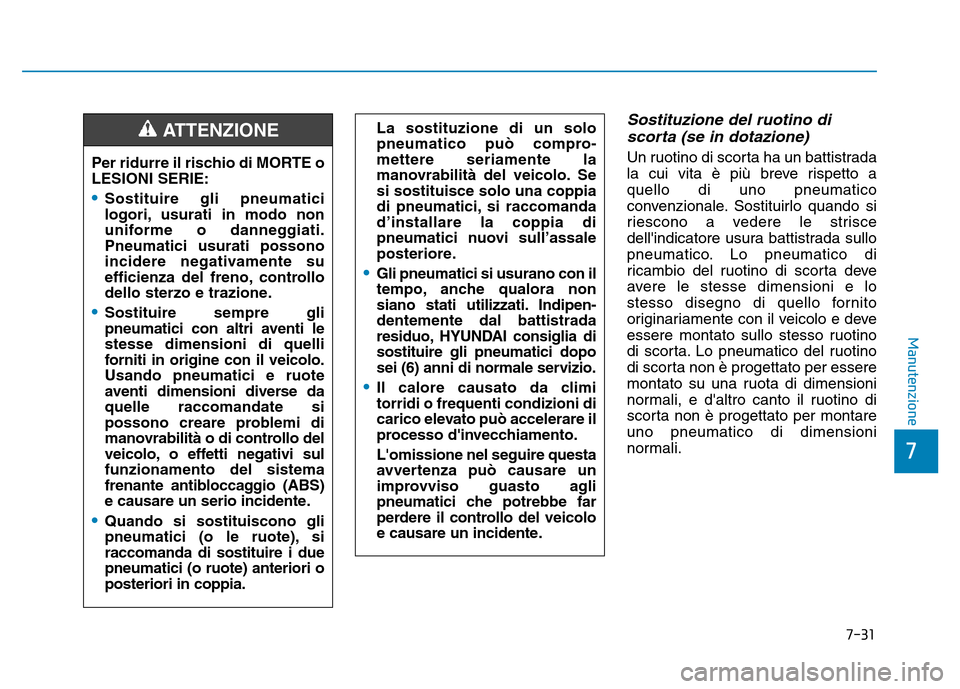 Hyundai Kona 2018  Manuale del proprietario (in Italian) 7-31
7
Manutenzione
Sostituzione del ruotino discorta (se in dotazione)
Un ruotino di scorta ha un battistrada 
la cui vita è pi