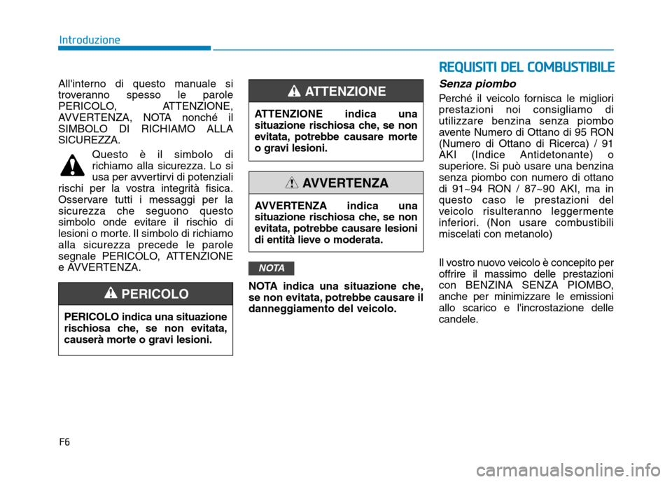 Hyundai Kona 2018  Manuale del proprietario (in Italian) F6
Introduzione
Allinterno di questo manuale si 
troveranno spesso le parole
PERICOLO, ATTENZIONE,
AVVERTENZA, NOTA nonché ilSIMBOLO DI RICHIAMO ALLASICUREZZA.Questo è il simbolo di
richiamo alla s