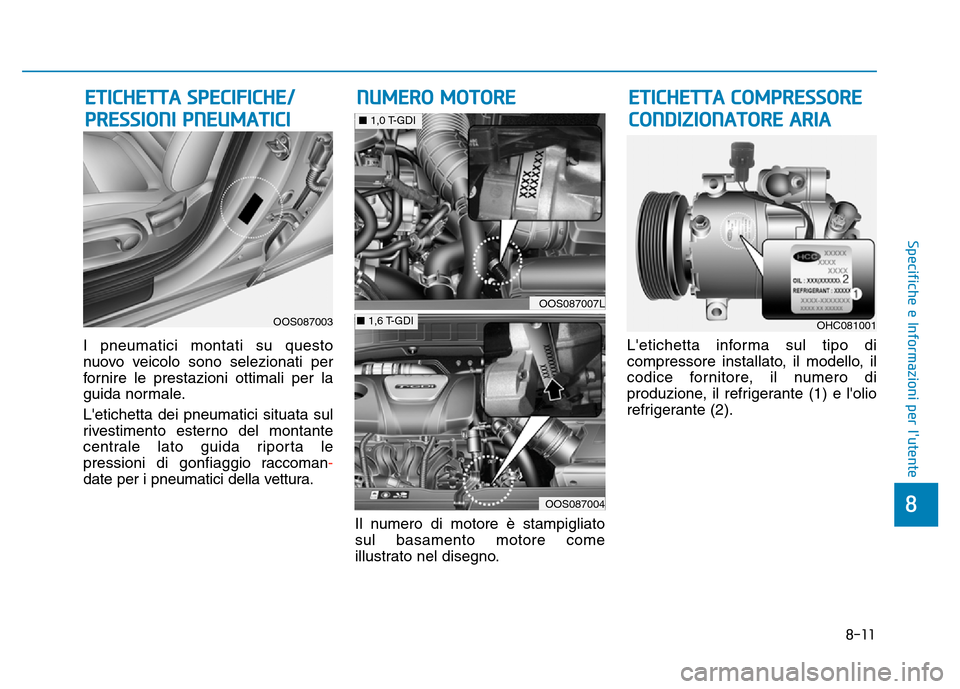 Hyundai Kona 2018  Manuale del proprietario (in Italian) 8-11
8
Specifiche e Informazioni per lutente
I pneumatici montati su questo 
nuovo veicolo sono selezionati per
fornire le prestazioni ottimali per la
guida normale. Letichetta dei pneumatici situat