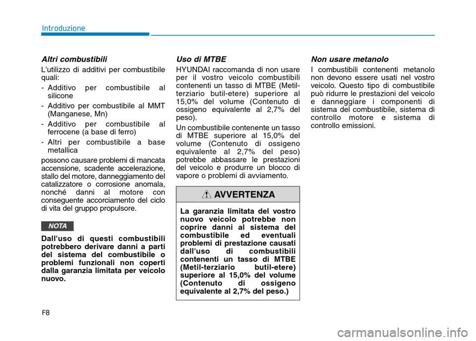 Hyundai Kona 2018  Manuale del proprietario (in Italian) F8
Introduzione
Altri combustibili
Lutilizzo di additivi per combustibile quali: 
- Additivo per combustibile alsilicone
- Additivo per combustibile al MMT (Manganese, Mn)
- Additivo per combustibile