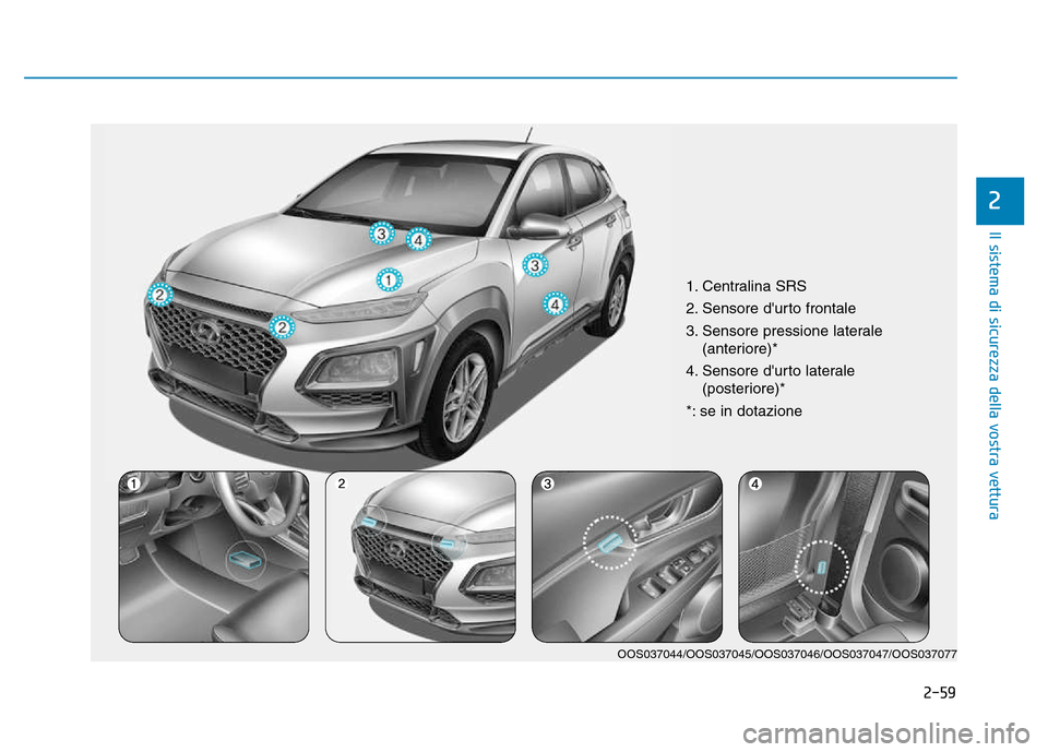 Hyundai Kona 2018 Manuale del proprietario (in Italian) 2-59
Il sistema di sicurezza della vostra vettura
2
1. Centralina SRS
2. Sensore durto frontale
3. Sensore pressione laterale(anteriore)*
4. Sensore durto laterale (posteriore)*
*: se in dotazione Hyundai Kona 2018 Manuale del proprietario (in Italian) 2-59
Il sistema di sicurezza della vostra vettura
2
1. Centralina SRS
2. Sensore durto frontale
3. Sensore pressione laterale(anteriore)*
4. Sensore durto laterale (posteriore)*
*: se in dotazione