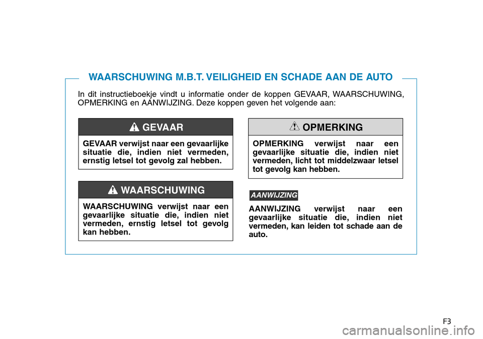 Hyundai Kona 2018  Handleiding (in Dutch) F3
In dit instructieboekje vindt u informatie onder de koppen GEVAAR, WAARSCHUWING, 
OPMERKING en AANWIJZING. Deze koppen geven het volgende aan:
WAARSCHUWING M.B.T. VEILIGHEID EN SCHADE AAN DE AUTO
G