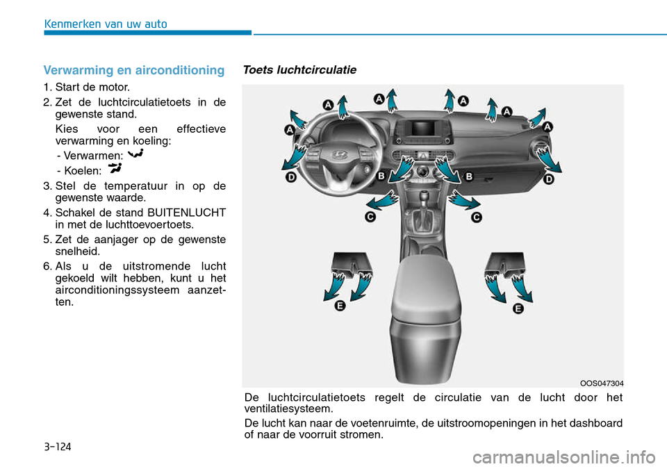 Hyundai Kona 2018  Handleiding (in Dutch) 3-124
Kenmerken van uw auto
Verwarming en airconditioning
1. Start de motor. 
2. Zet de luchtcirculatietoets in degewenste stand.
Kies voor een effectieve 
verwarming en koeling: - Verwarmen: 
- Koele